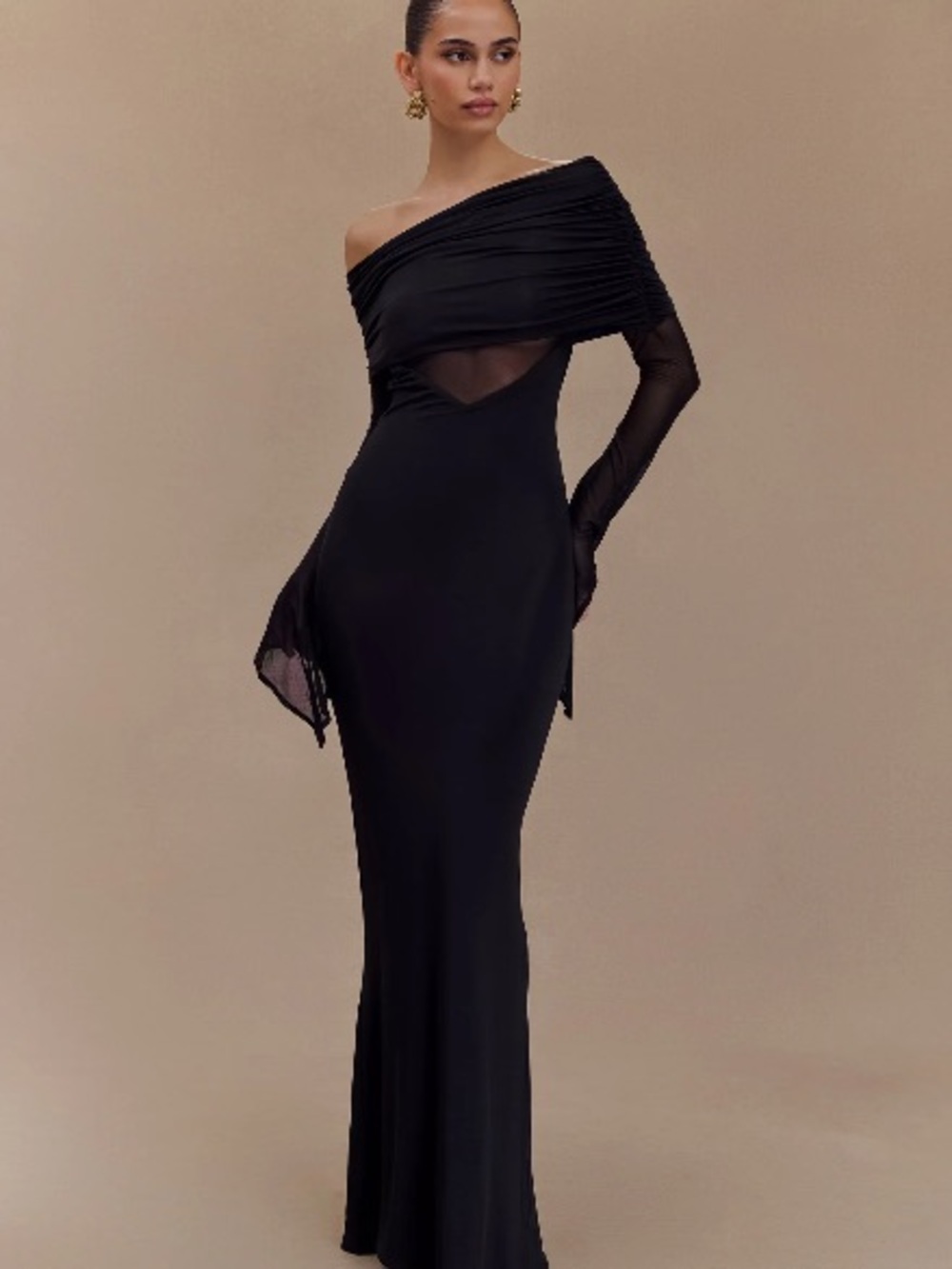 Meshki Black One-Shoulder Mesh Detail Maxi Dress